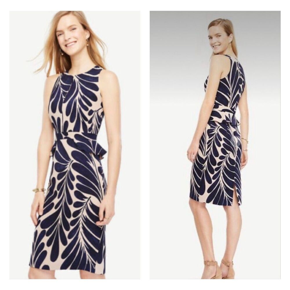 ANN TAYLOR FACTORY Botanical Print Blush Pink/Cobalt Blue Dress Peplum, Sz 2